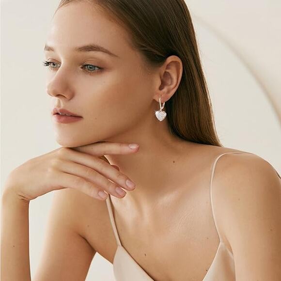 925 Sterling Silver 14K Gold Plated Heart Waterdrop Dangle Earring for Women - Picture 4 of 5